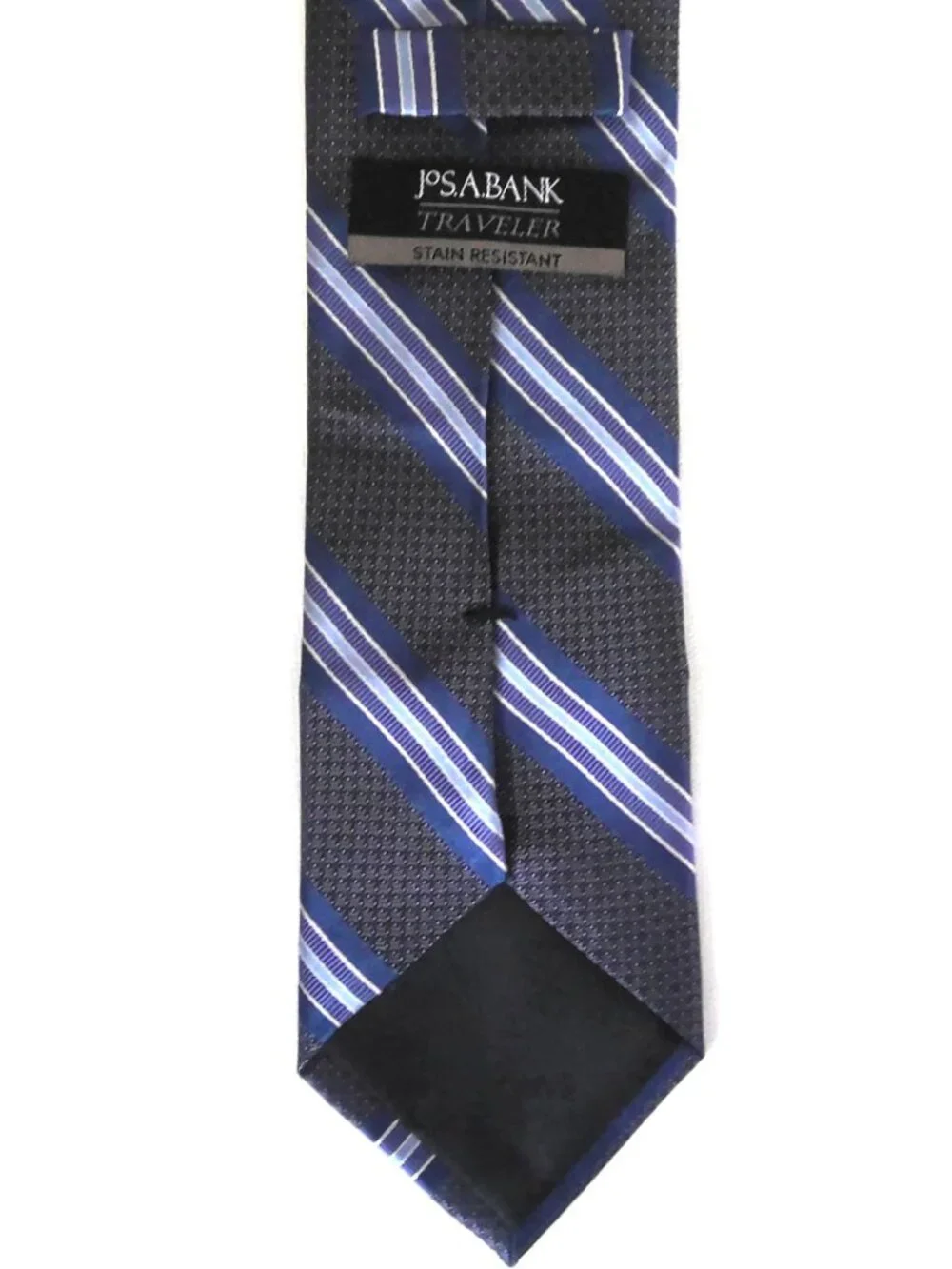 Jos A Bank Traveller Necktie Dark Gray Blue & White Striped 100% Silk Extra Long